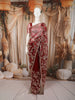 Deep Maroon Floral Vine Sequins Embroidered Design Net Party Wear Saree with Scalloped Border