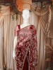 Deep Maroon Floral Vine Sequins Embroidered Design Net Party Wear Saree with Scalloped Border