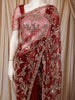 Deep Maroon Floral Vine Sequins Embroidered Design Net Party Wear Saree with Scalloped Border