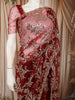 Deep Maroon Floral Vine Sequins Embroidered Design Net Party Wear Saree with Scalloped Border
