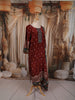 Deep Maroon Ikat Printed and Mirror Embroidered Design Crepe Silk Straight Cut Salwar Suit with Contrast Printed Dupatta