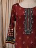 Deep Maroon Ikat Printed and Mirror Embroidered Design Crepe Silk Straight Cut Salwar Suit with Contrast Printed Dupatta