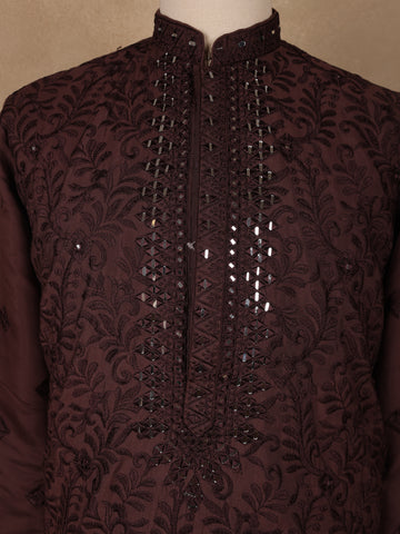 Deep Maroon Mirror Embroidered Floral Cotton Kurta for Men - Diadem