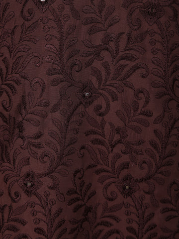 Deep Maroon Mirror Embroidered Floral Cotton Kurta for Men - Diadem