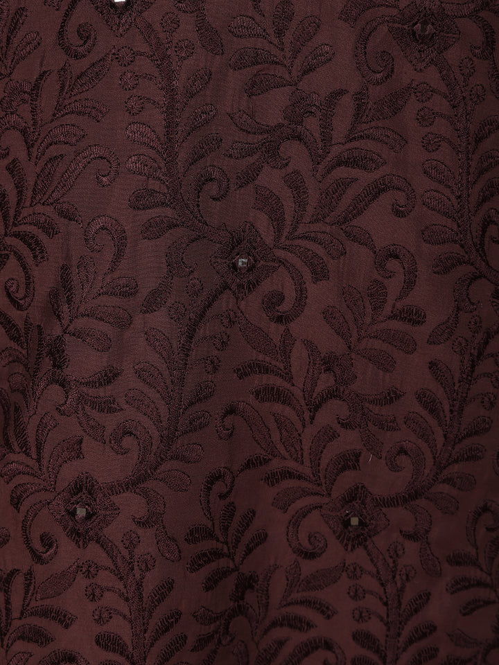 Deep Maroon Mirror Embroidered Floral Cotton Kurta for Men - Diadem