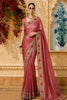Deep Maroon Striped Zari  Woven Design Pure Tissue Fancy Saree with Lace Border