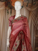 Deep Maroon Striped Zari  Woven Design Pure Tissue Fancy Saree with Lace Border