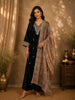 Deep Midnight Black Floral Zari Embroidered Design Velvet Palazzo Suit with Contrast Dupatta
