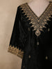Deep Midnight Black Floral Zari Embroidered Design Velvet Palazzo Suit with Contrast Dupatta