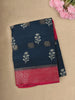 Deep Midnight Navy Blue Floral Butta Printed Design Mixed Cotton Saree with Contrast Zari Border