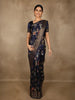 Deep Midnight Navy Blue Floral Printed Design Banarasi Saree with Zari Border