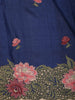 Deep Midnight Navy Blue Floral Thread Embroidered Design Pure Tussar Saree with Floral Border