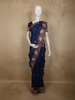 Deep Midnight Navy Blue Floral Thread Embroidered Design Pure Tussar Saree with Floral Border