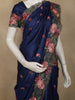 Deep Midnight Navy Blue Floral Thread Embroidered Design Pure Tussar Saree with Floral Border