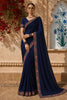Deep Midnight Navy Blue Floral Thread Embroidered Design Pure Tussar Saree with Floral Border
