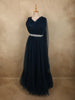 Deep Midnight Navy Blue Layered Tulle Net Partywear Gown with Designer Waist Belt
