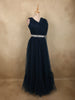 Deep Midnight Navy Blue Layered Tulle Net Partywear Gown with Designer Waist Belt