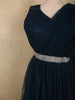 Deep Midnight Navy Blue Layered Tulle Net Partywear Gown with Designer Waist Belt