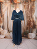Deep Midnight Navy Blue Metallic Shimmer Pleated A-Line Party Wear Gown with Cape Sleeves
