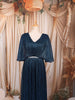 Deep Midnight Navy Blue Metallic Shimmer Pleated A-Line Party Wear Gown with Cape Sleeves