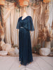 Deep Midnight Navy Blue Metallic Shimmer Pleated A-Line Party Wear Gown with Cape Sleeves