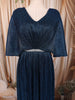 Deep Midnight Navy Blue Metallic Shimmer Pleated A-Line Party Wear Gown with Cape Sleeves
