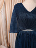 Deep Midnight Navy Blue Metallic Shimmer Pleated A-Line Party Wear Gown with Cape Sleeves