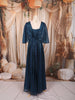 Deep Midnight Navy Blue Metallic Shimmer Pleated A-Line Party Wear Gown with Cape Sleeves