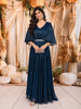 Deep Midnight Navy Blue Metallic Shimmer Pleated A-Line Party Wear Gown with Cape Sleeves
