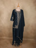 Deep Midnight Teal Blue Floral Zari Embroidered Design Georgette Palazzo Suit with Dupatta