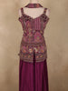 Deep Mulberry Wine Purple Floral and Animal Motif Zari Embroidered Design Satin Palazzo Suit with Choker Dupatta