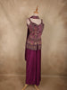 Deep Mulberry Wine Purple Floral and Animal Motif Zari Embroidered Design Satin Palazzo Suit with Choker Dupatta