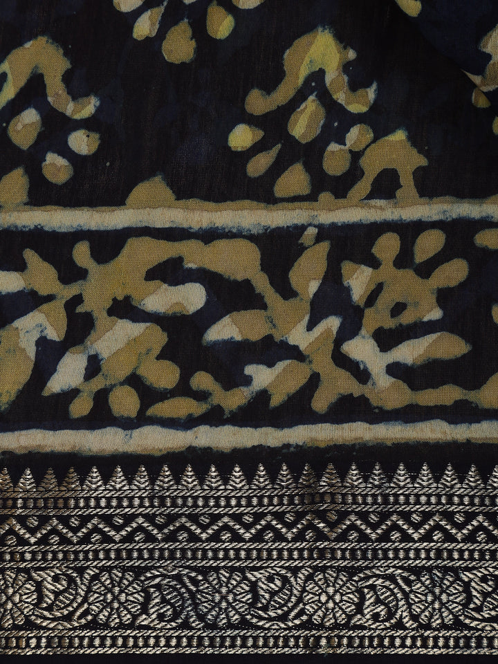 Deep Navy Blue Abstract Printed Cotton Saree - Diadem