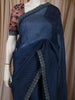 Deep Navy Blue Butta Woven Design Pure Organza Party Wear Saree with Scalloped Border