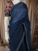 Deep Navy Blue Butta Woven Design Pure Organza Party Wear Saree with Scalloped Border