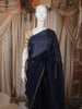 Deep Navy Blue Butta Zari Embroidered Design Pure Tussar Silk Fancy Saree with Scalloped Border