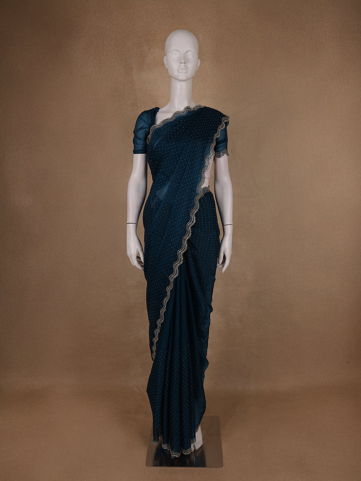 Deep Navy Blue Dotted Sequin Work Organza Saree - Diadem