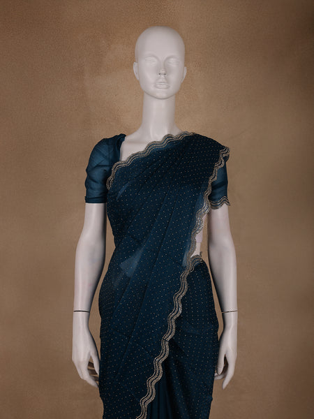 Deep Navy Blue Dotted Sequin Work Organza Saree - Diadem