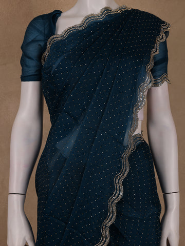Deep Navy Blue Dotted Sequin Work Organza Saree - Diadem