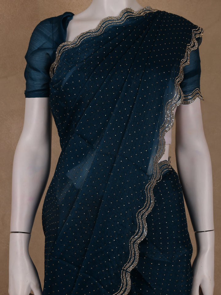 Deep Navy Blue Dotted Sequin Work Organza Saree - Diadem