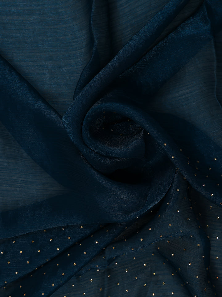 Deep Navy Blue Dotted Sequin Work Organza Saree - Diadem
