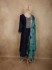 Deep Navy Blue Floral Embroidered Design Silk Anarkali Salwar Suit with Contrast Dupatta