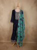 Deep Navy Blue Floral Embroidered Design Silk Anarkali Salwar Suit with Contrast Dupatta