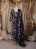 Deep Navy Blue Floral Printed Design Cotton Anarkali Salwar Suit with Matching Dupatta