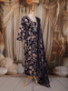 Deep Navy Blue Floral Printed Design Cotton Anarkali Salwar Suit with Matching Dupatta
