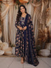 Deep Navy Blue Floral Printed Design Cotton Anarkali Salwar Suit with Matching Dupatta
