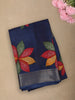 Deep Navy Blue Floral Printed Design Linen Cotton Saree with Zari Border