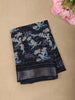 Deep Navy Blue Floral Printed Design Linen Cotton Saree with Zari Border