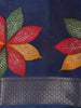 Deep Navy Blue Floral Printed Design Linen Cotton Saree with Zari Border