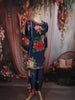 Deep Navy Blue Floral Printed Design Synthetic Palazzo Suit